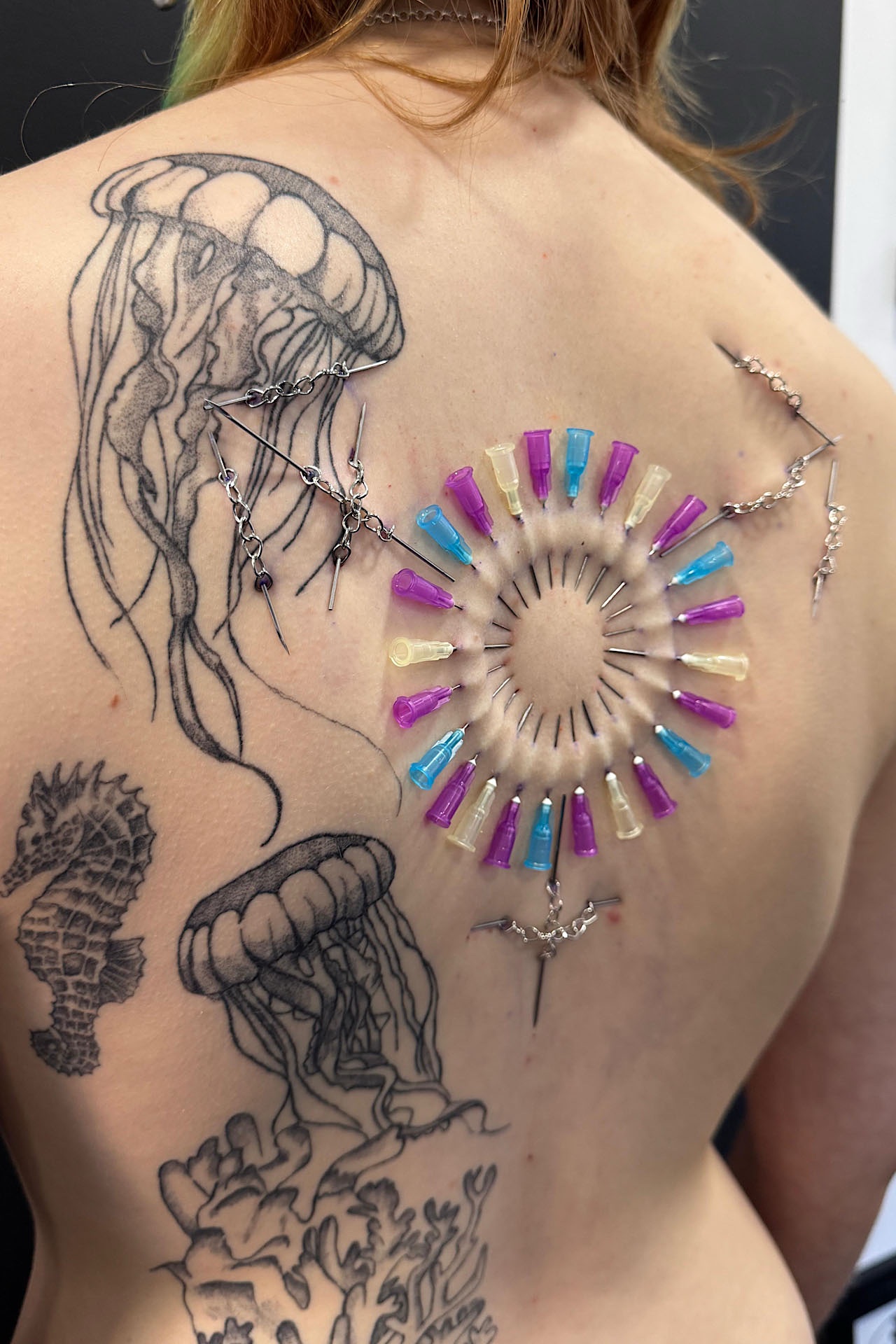 This image contains a play piercing on someone's back. It is pierced in the shape of the trans symbol. There are 24 needles with blue, pink and white hub caps creating the trans flag forming a circle. There are  2 arrows facing north west and north east, o