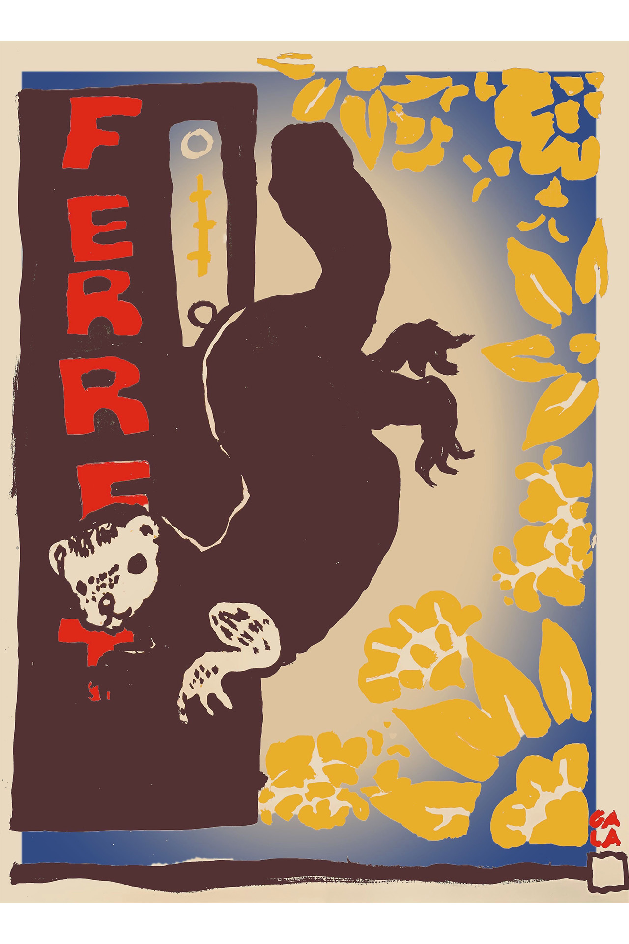 Artwork of a ferret surrounded by floral motifs