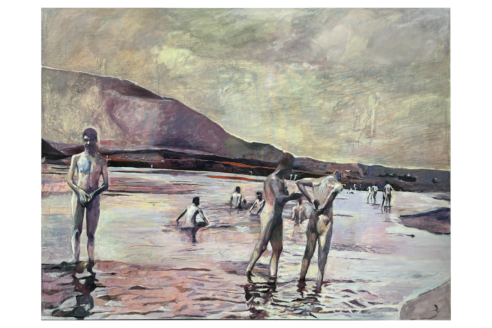 A large painting of British World War One soldiers happily bathing and washing each other in The Jordan River. It is rendered in surreal and whimsical pastel colours.