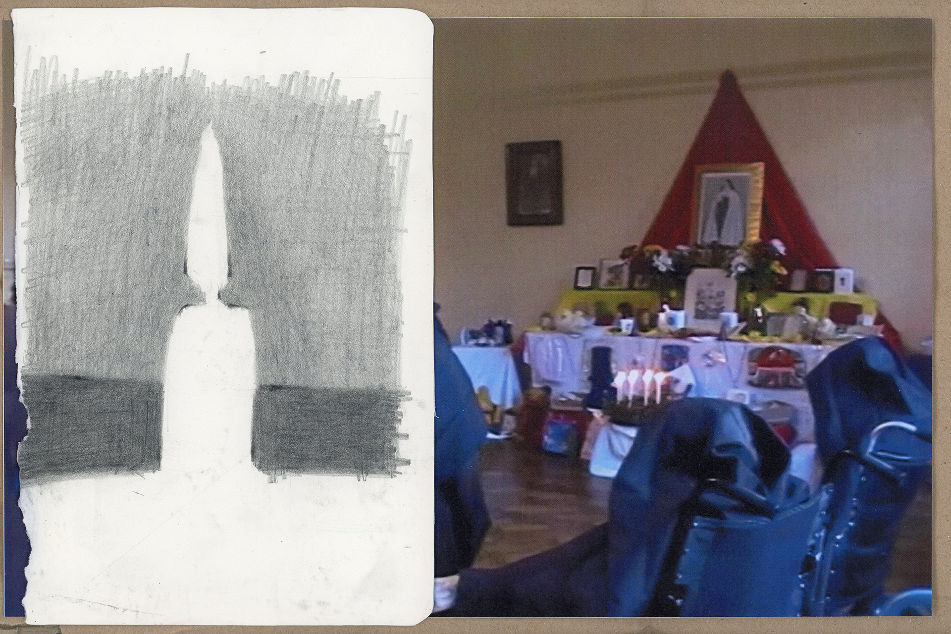 Digital scan featuring a pencil drawing of a candle on a torn-out sketchbook page, and an inkjet print of a still from Andrea Büttner's short film 